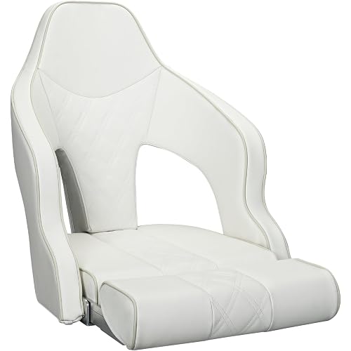 ERGOSEAT Deluxe Pro High Back Boat Seat Premium Sports Flip Up Captain Boat Seat with Armrests (White/White/Ivory) | Extra Wide,Marine Nappa Leather,with armrests, UV resistant vinyl, high back lumbar support, 300lb Weight Limit