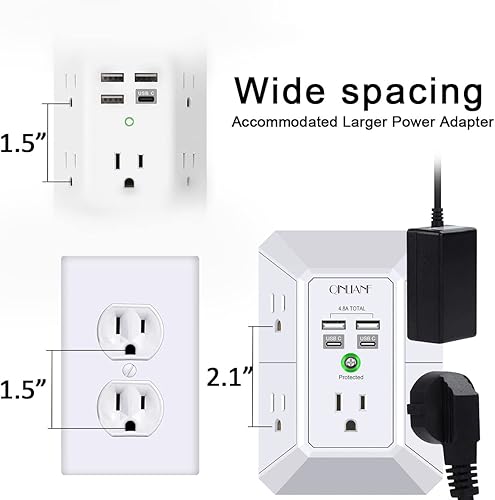 Vista 6 de QINLIANF - Cargador de pared USB, protector de sobretensiones, extensor de 5 salidas con 4 puertos de carga USB (4.8 A en total) regleta