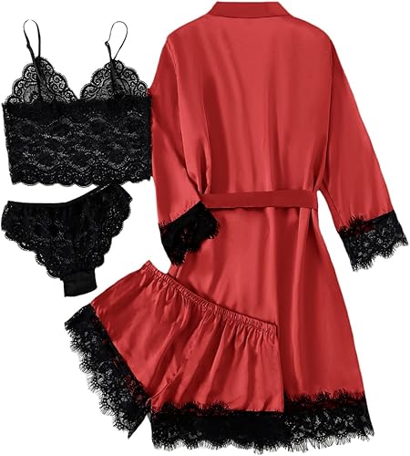 Miniatura 2 de LYANER Conjunto de pijama de 4 piezas para mujer con ribete de encaje floral satinado con bata