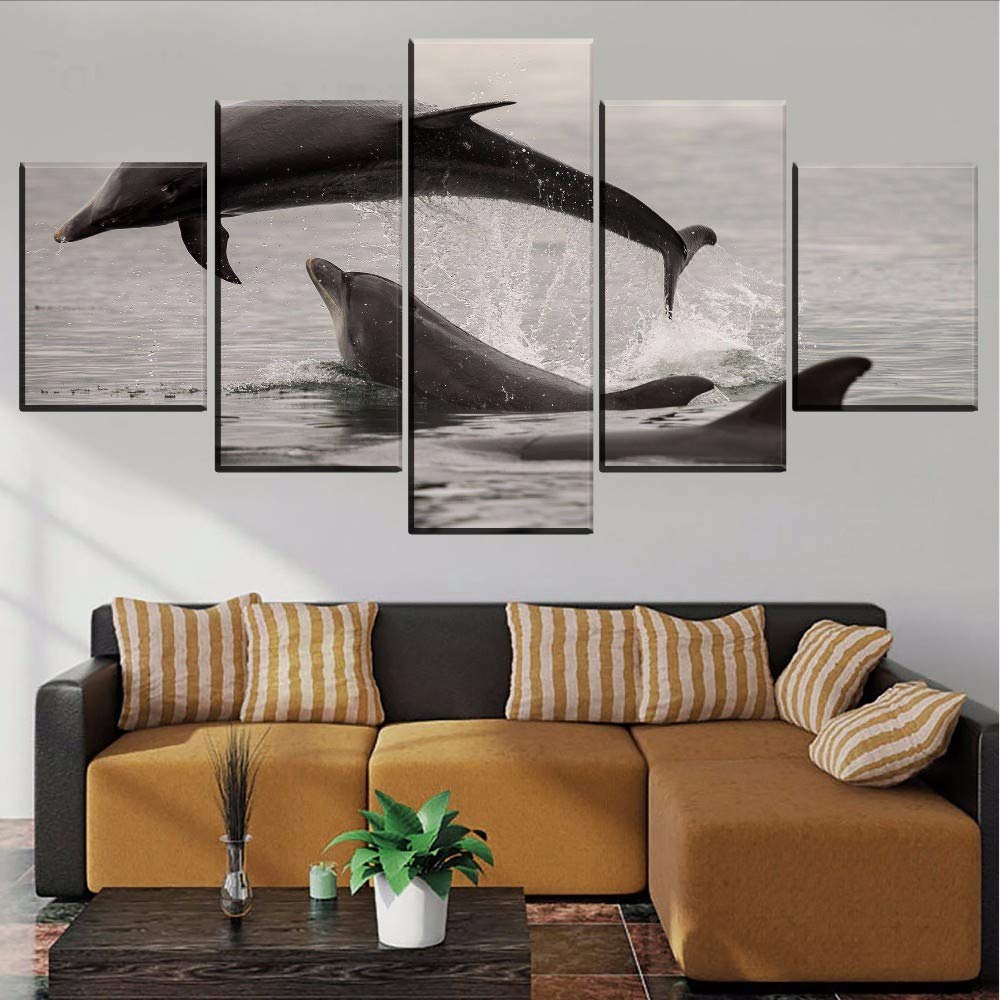 Cczxfcc Wall Art Canvas Painting Hd Prints Home Decor Ocean Animal 5 Pieces Dolphin Modular Kids Room Pictures Scenery Artwork Poster-40X60/80/100Cm-No Frame