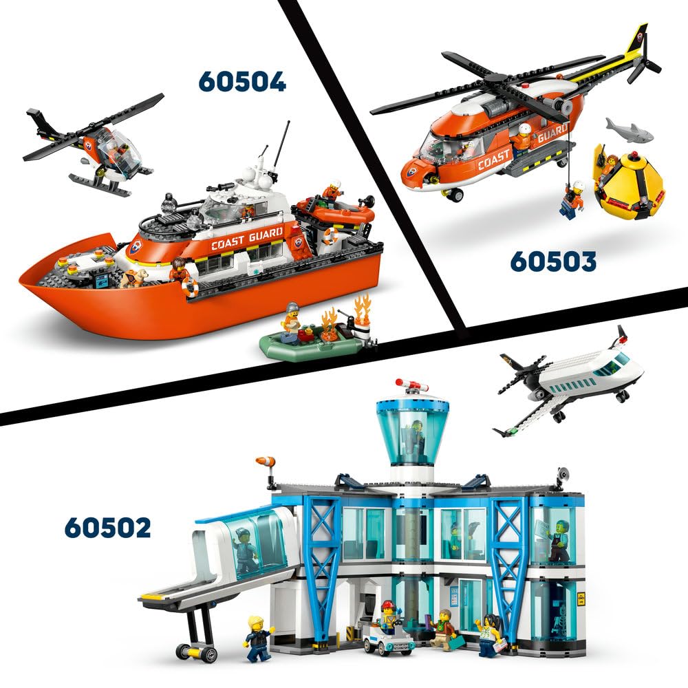 LEGO City Zestaw z samolotem, ciężarówką serwisową i poduszkowcem, interaktywne zabawki dla dzieci, modułowe pojazdy ratunkowe, prezent dla 7-latka na urodziny, dla chłopca i dziewczynki 60505
