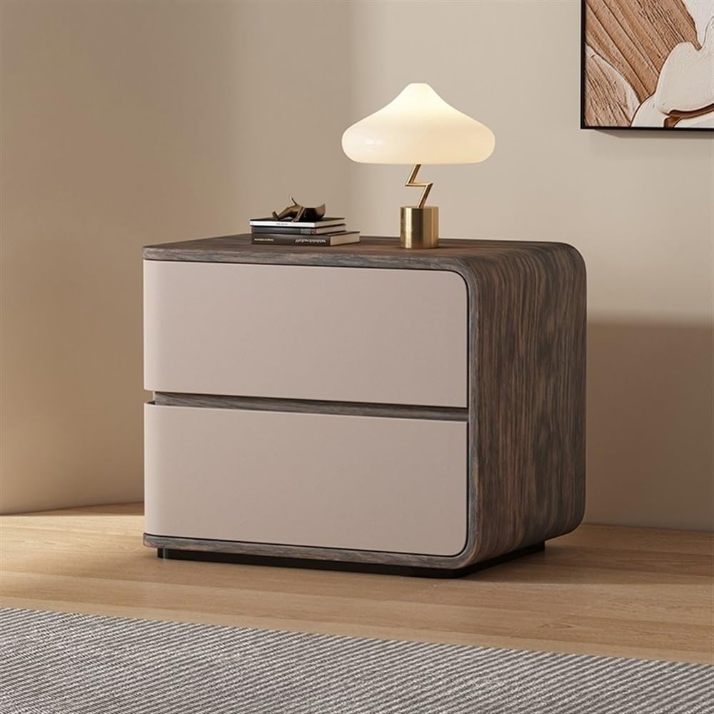 Table de chevet en cuir kaki 40cm avec tiroirs en bois massif pour chambre