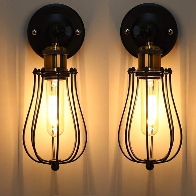Wall Lamp Vintage Industrial Adjustable Metal E27 Base Wall Sconce Antique Wire Cage Rustic Retro Style for Bedroom Living Room Dining Table, 2 Packs