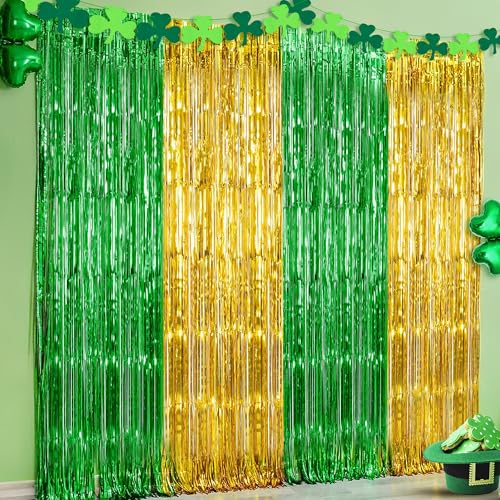 Image of KatchOn, Green and Gold Foil Fringe Curtains - 6.5x6.5 Feet | St Patricks Day Backdrop for St Patricks Day Decorations | St Patrick's Backdrop, St. Patrick's Day Decorations