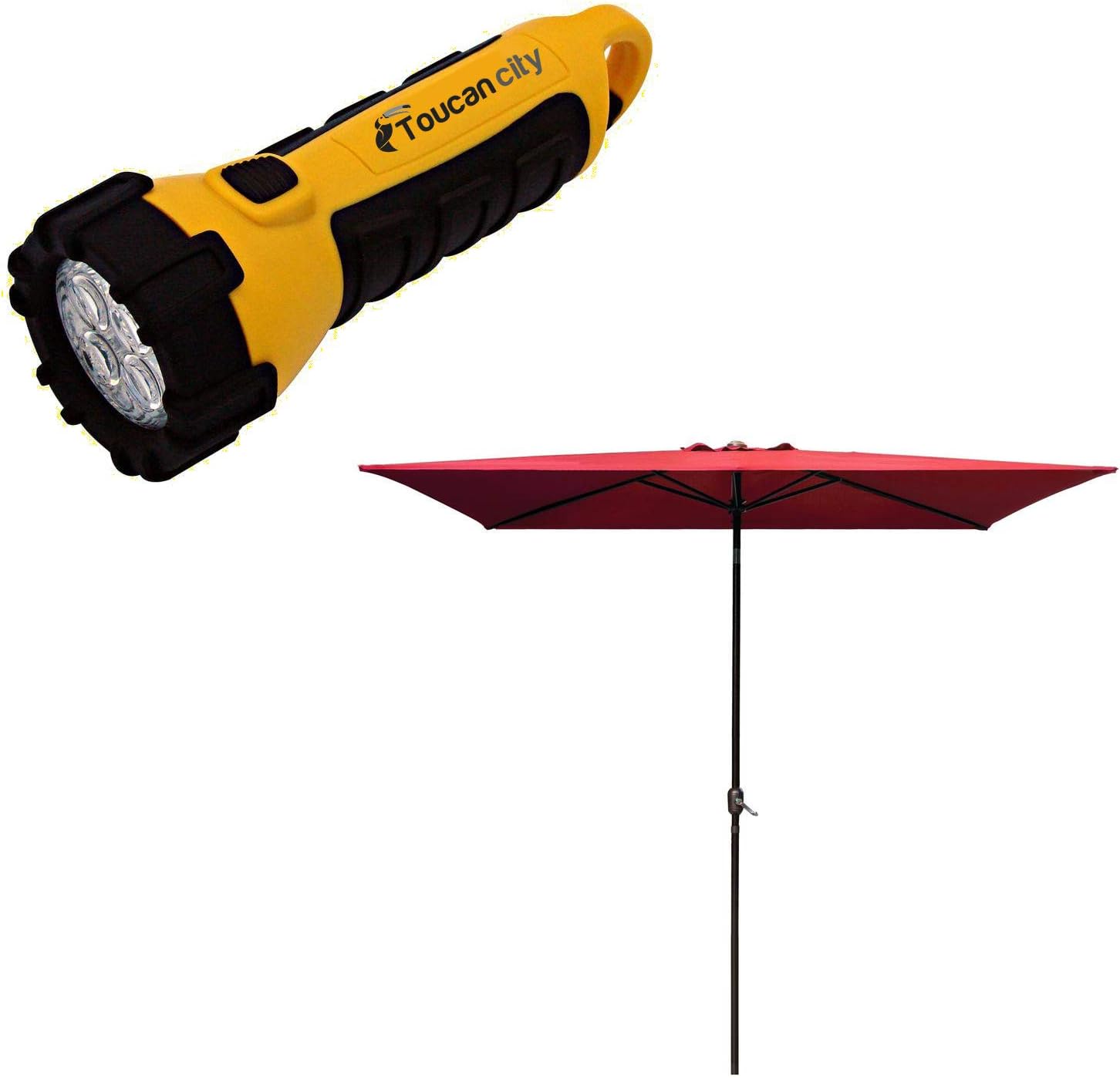 Toucan City LED Flashlight and LAUREL CANYON 6.5 x 10 ft. Rectangular Market Outdoor Umbrella Table with Push Button Tilt and Crank in Red HD2336R