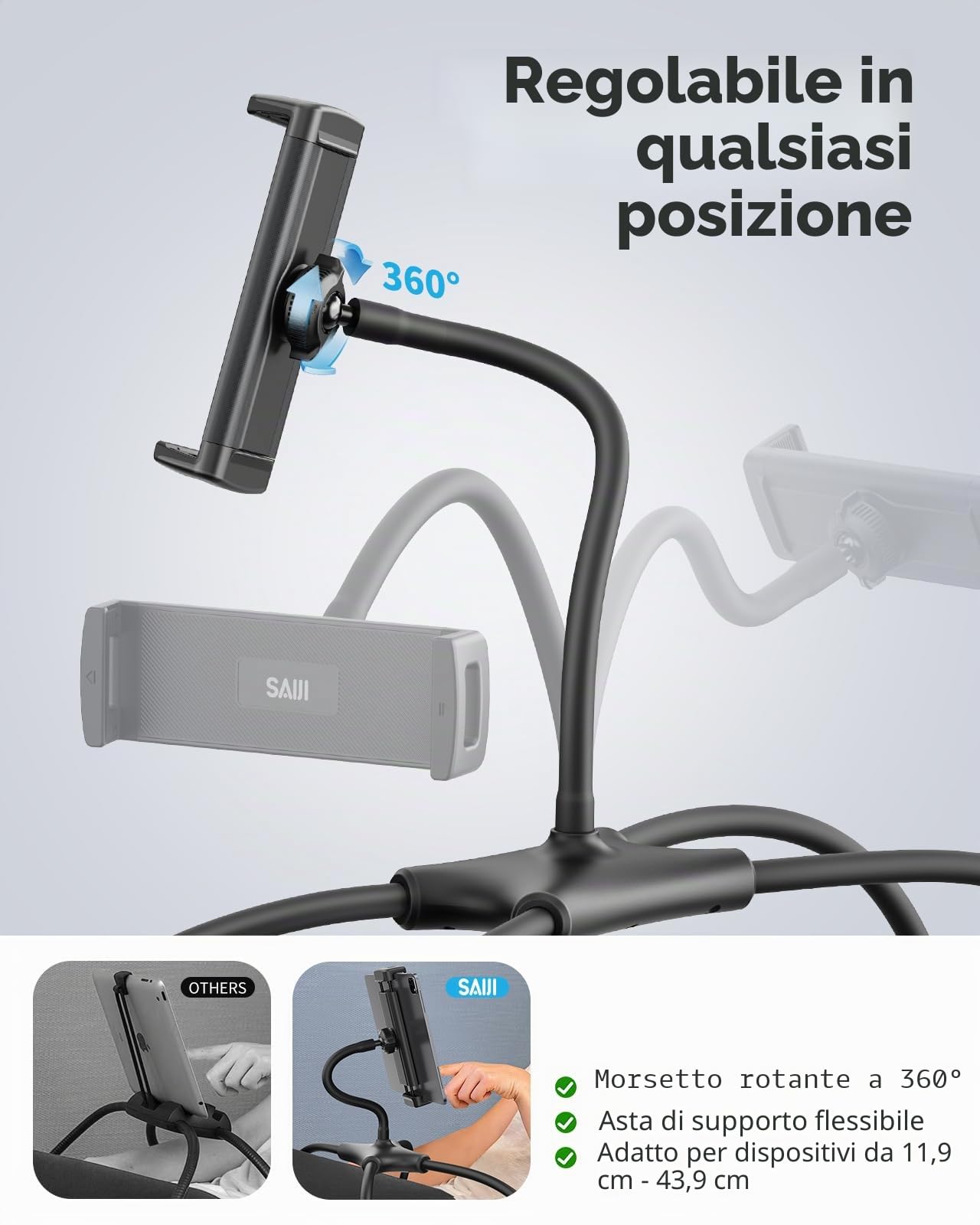 SAIJI Supporto tablet letto, supporto per tablet con design ergonomico migliorato, supporto portatile iPad letto adatto a telefoni, tablet, monitor portatili, Switch e altri dispositivi da 4,7"-17,3"