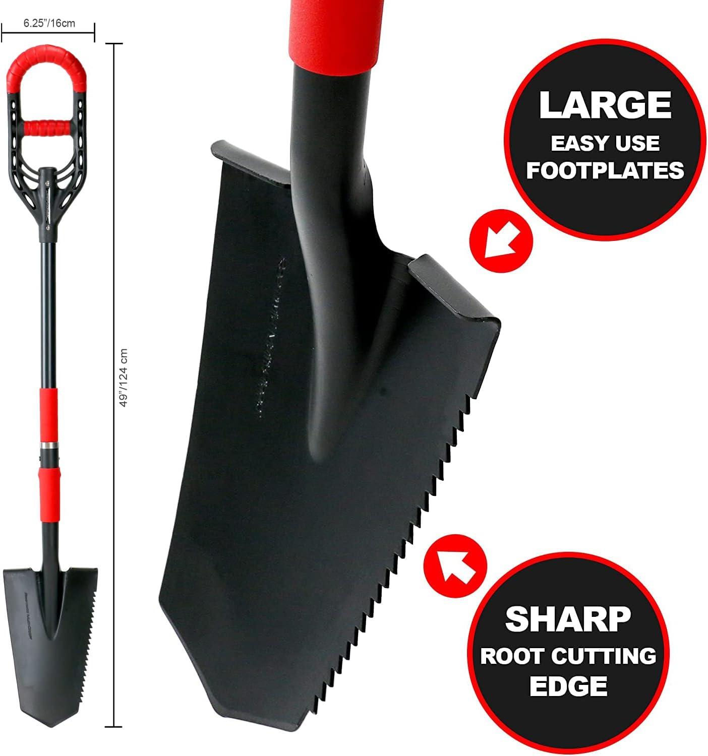 Roamwild Multi-Digger Garden Long Spade 49 – Reinforced Fibreglass Light Weight Gardening Digging Arrow Head Shovel with Unique Dual Soft AIR Light Grip Technology & Root Saw Stump Cutter.