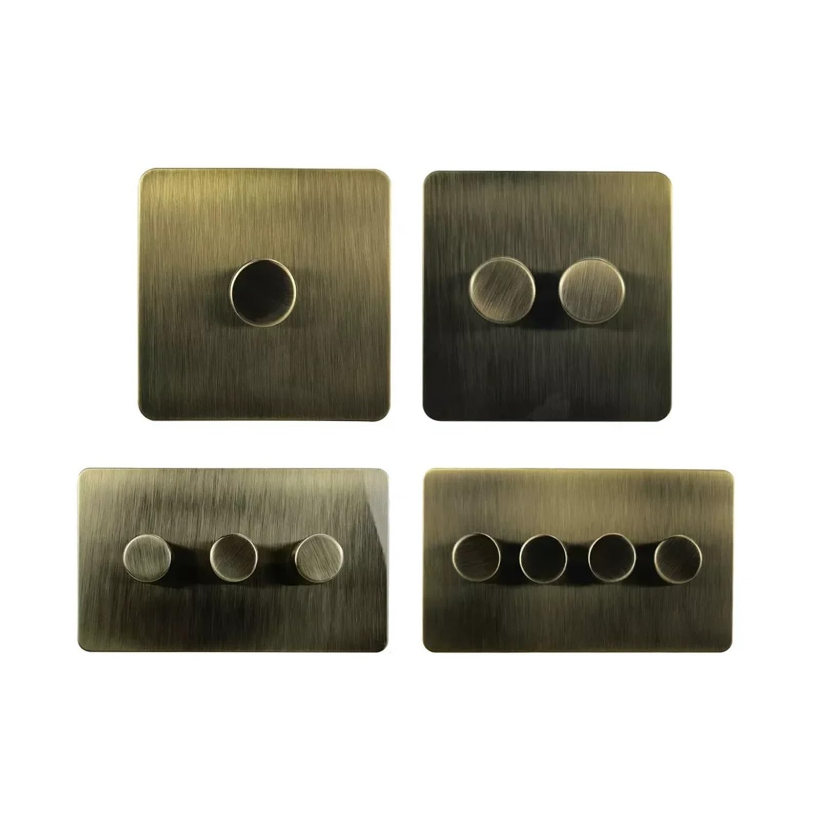 Interruptor de pared WALLPAD con regulador de intensidad, disponible en 1, 2, 3 o 4 posiciones. Perilla moleteada. Panel de acero inoxidable de 2 vías. Placa retro en bronce antiguo.