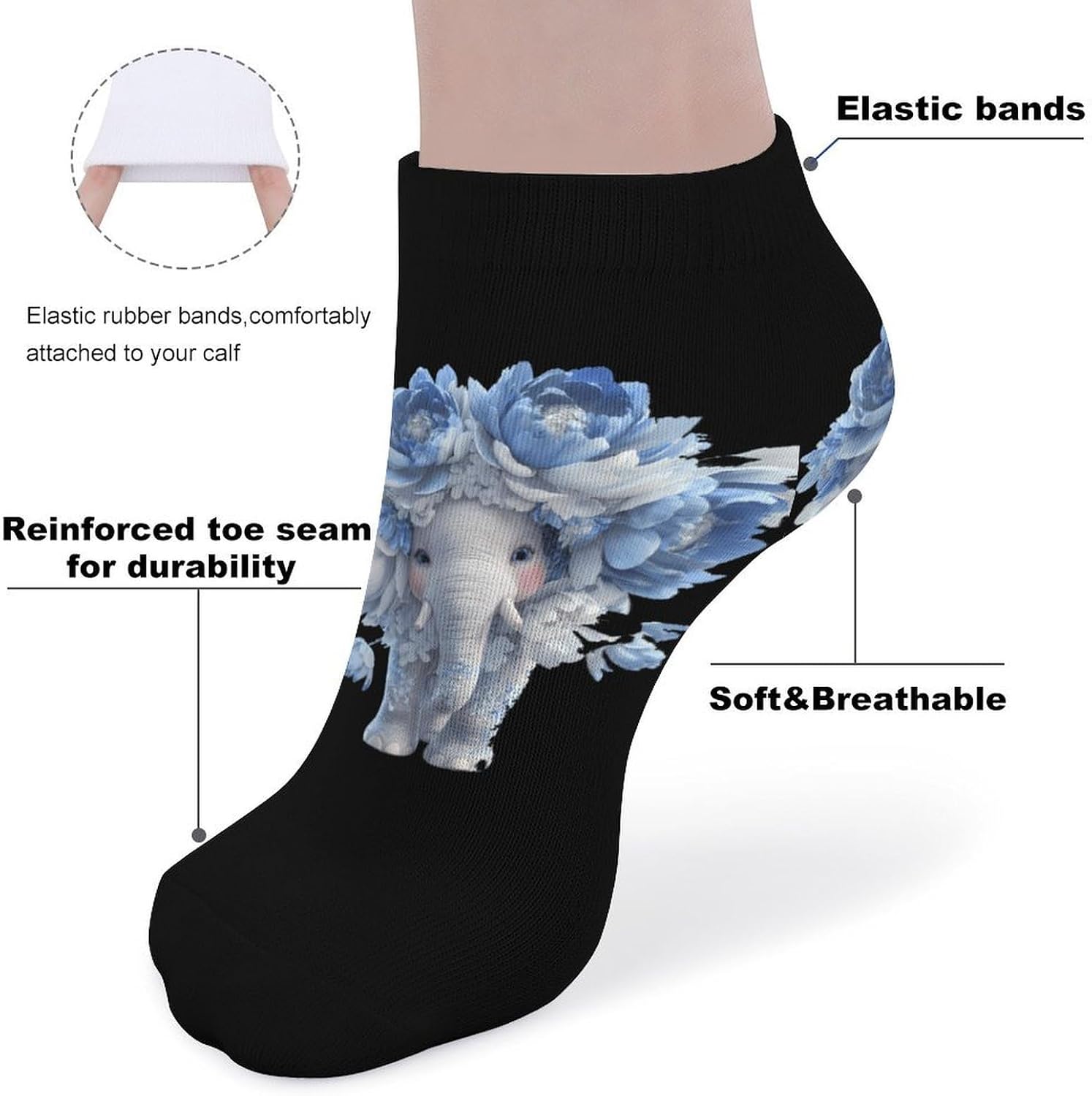 Flower Elephant Socks for Men Women 5 Pairs Ankle Socks