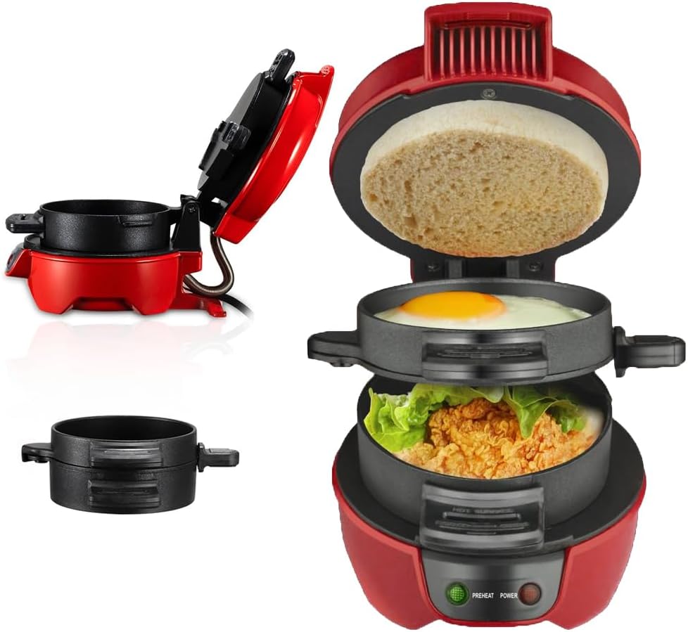 Beach Breakfast Sandwich Maker, 600W 3 in 1 Electric Burger Press Machine with Egg Cooker Ring, Non Stick Breakfast Round Burger Sandwich Griddle, for Home Kitchen Use