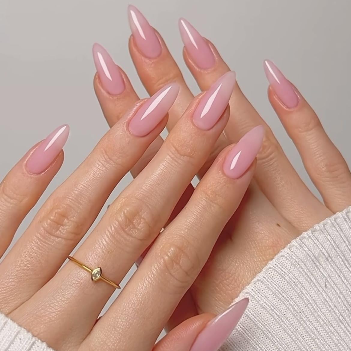 KQueenest Ombre Press on Nails Almond, French Tip False Nails Medium Stiletto, Gradient White Pink Fake Nails Press ons