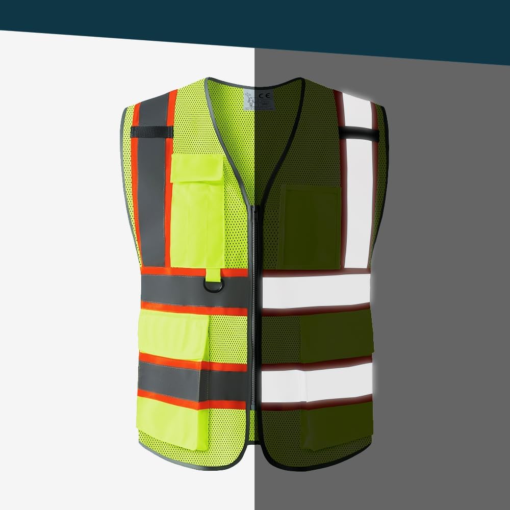 Reflective Safety Vest, High Visibility Work Vest for Men Women with 8 Utility Pockets, Zipper & Breathable Mesh