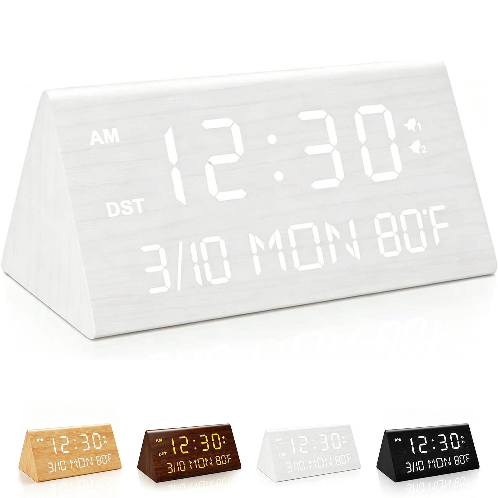 Kogonee Reloj despertador digital de madera, 0100% de brillo y volumen, detección de temperatura, fecha, modo de día de semanafin de semana, doble alarma, 9 minutos de repetición, 1224H, reloj LED
