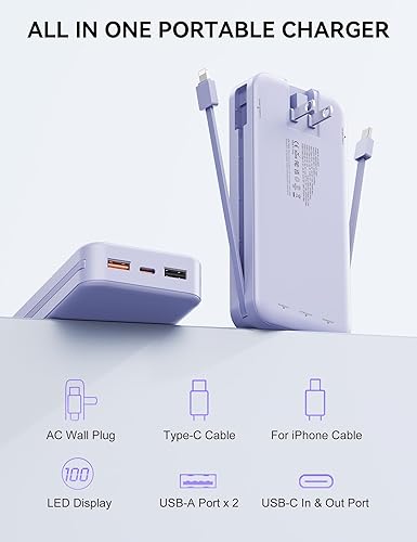 Miniatura 3 de Cargador portátil con cable integrado y enchufe de pared de CA, banco de energía USB C 20000mAh 22.5W carga súper rápida, cargador de teléfono
