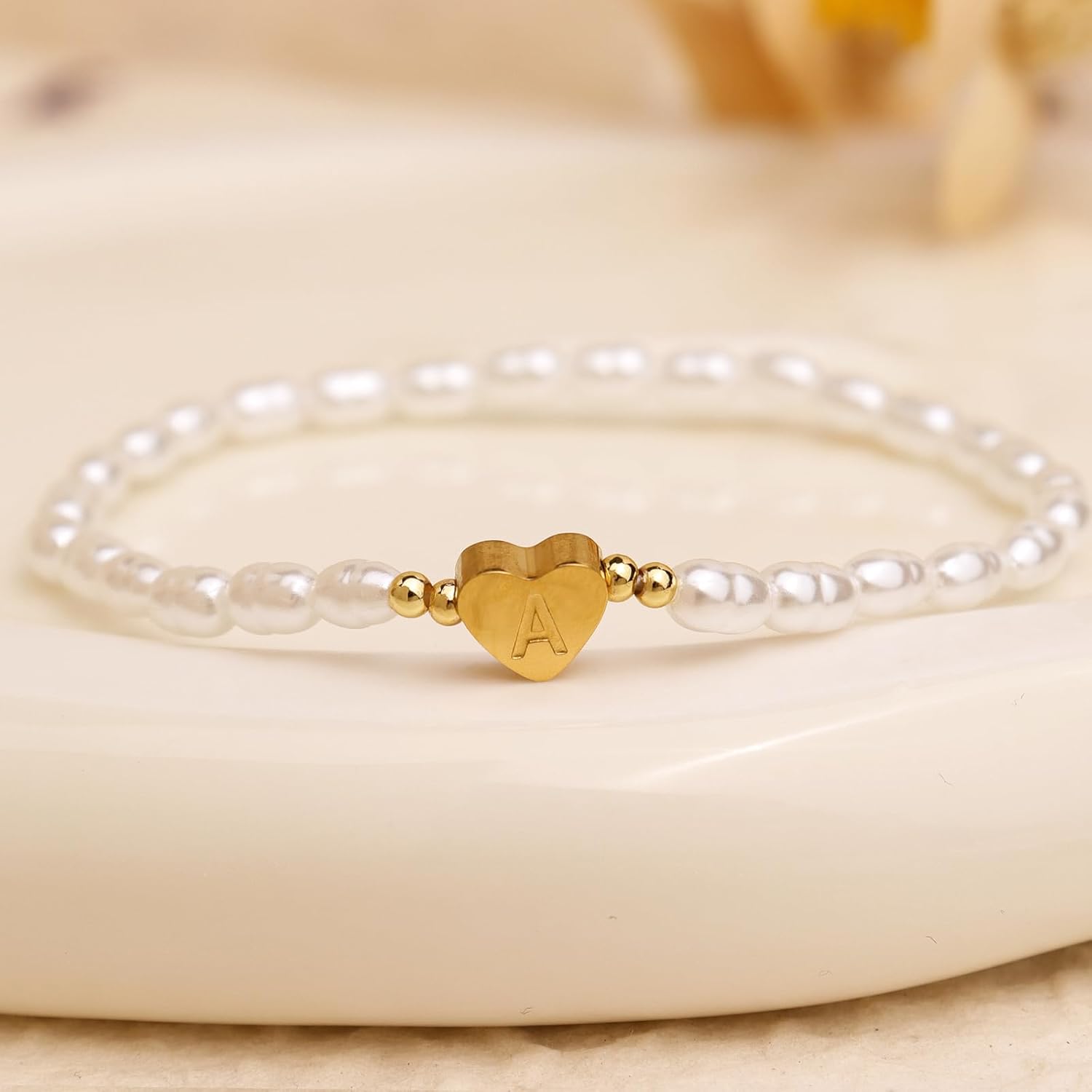 Initial Gold Beaded Heart Stack Bracelets for Women, Dainty Boho Handmade Pearl Stackable Stretch Fashion Jewelry Gift. - Image 5