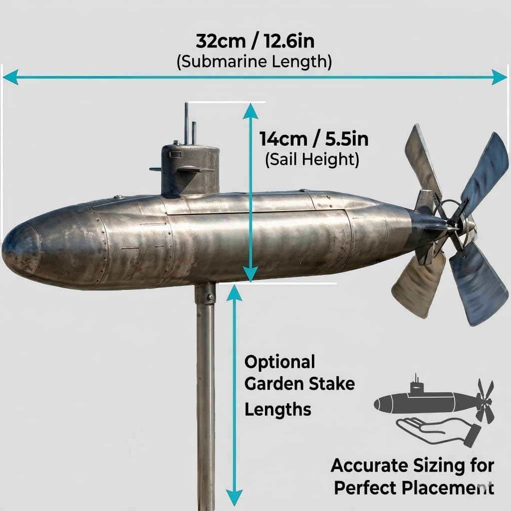 Submarine 3D Wind Spinner - Metal Art Garden Windmill with Rotating Propeller & Layered Sculpture, Navy Yard Decor & Nautical Outdoor Ornament for Patio, Lawn, Weather Resistant Gift