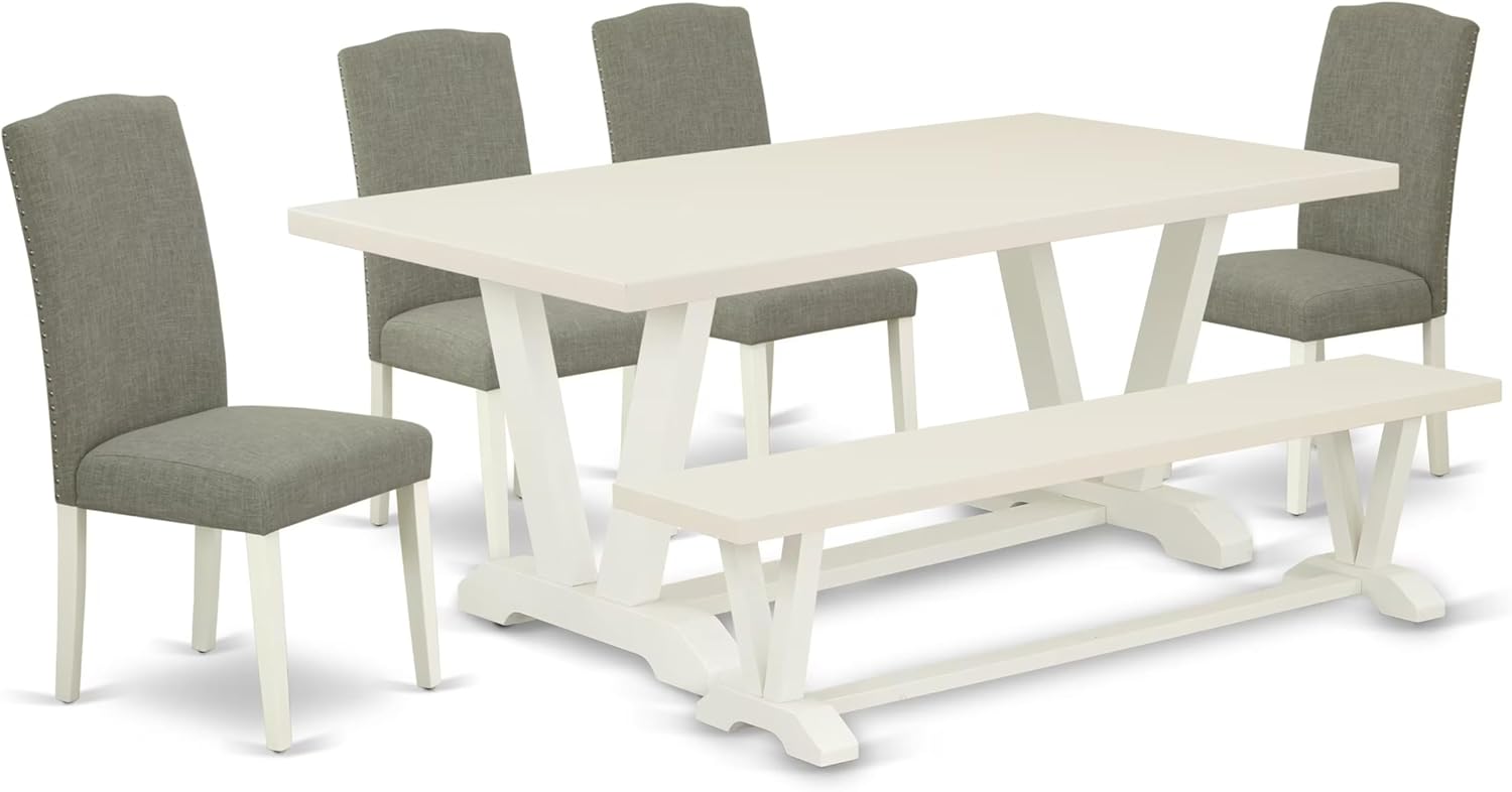 East West Furniture V027EN206-6 6 Piece Kitchen Table Set Contains a Rectangle Dining Table with V-Legs and 4 Dark Shitake Linen Fabric Parson Chairs with a Bench, 40x72 Inch, Multi-Color