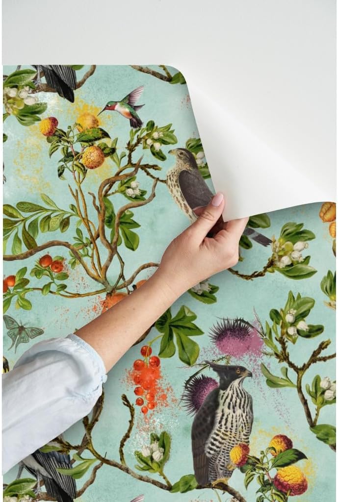 Peel & Stick Wallpaper 3ft x 2ft - Vintage Birds Falcon Hawk Watercolor Chinoiserie Antiqued of Prey Blue Green Botanical Custom Removable Wallpaper by Spoonflower