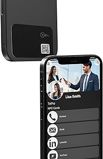 TAPro NFC Mini Digital Business Card – Tap to Share, QR Backup, App-Free, Works on iPhone & Android, Reusable Pocket Size, Includes 3M Mount – Black.