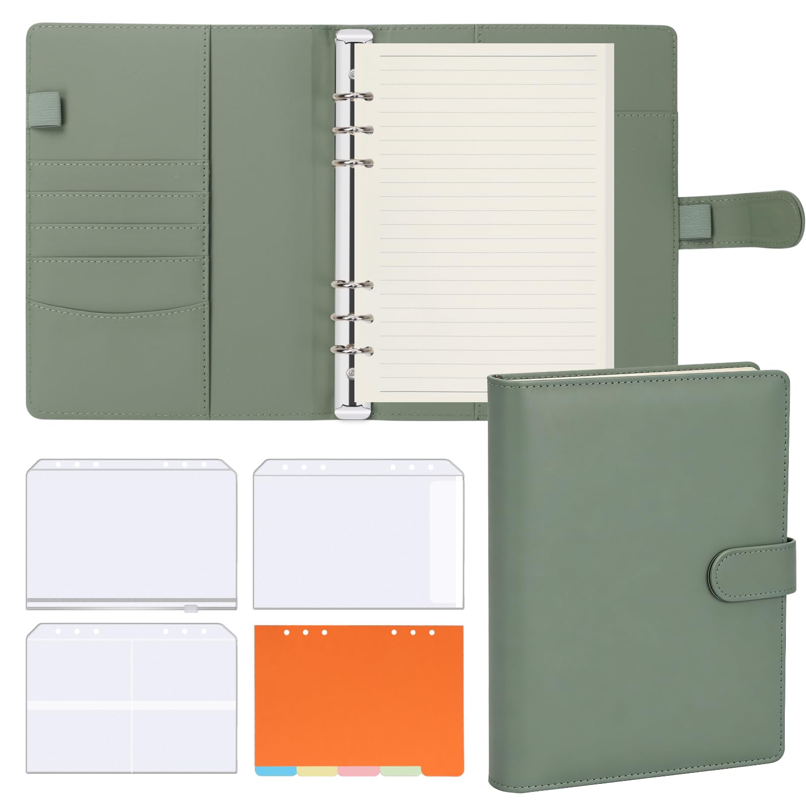 FYY Leather A5 Ring Binder Notebook, 6 Ring Travel Journal with 100gsm Refill Papers, Binder Pockets and Dividers, Personal Writing Planner for School, Office, Home, Meeting Green