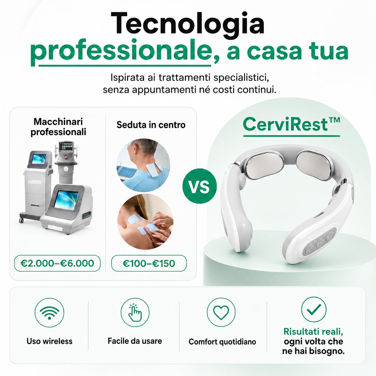 Vertaline CerviRest Massaggiatore Cervicale Elettrico, Dispositivo per Collo e Spalle con Funzione Calore, 6 Programmi, 16 Livelli di Intensità, Stimolazione Muscolare, Design Wireless per Casa e Uffi