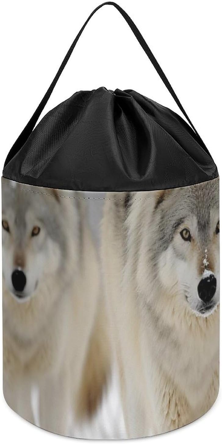 Trendy-floral-print Toy Storage Drawstring Tote Bags Two Wolves Walking in The Snow Printed Large Toy Storage Bags Foldable Storage Bin