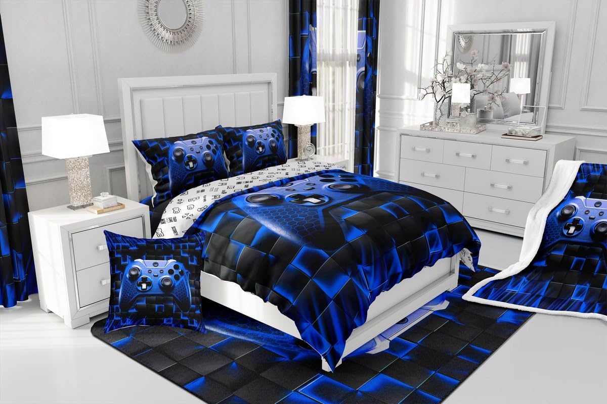 Honeycomb Gamepad Kids Duvet Cover Set Queen Size,Geometric Square Checkered Grid Plaid Bedding Set,Boys Men Room Decor,Modern Gamers Reversible Comforter Cover,Blue Black Quilt Cover,2 Pillowcases