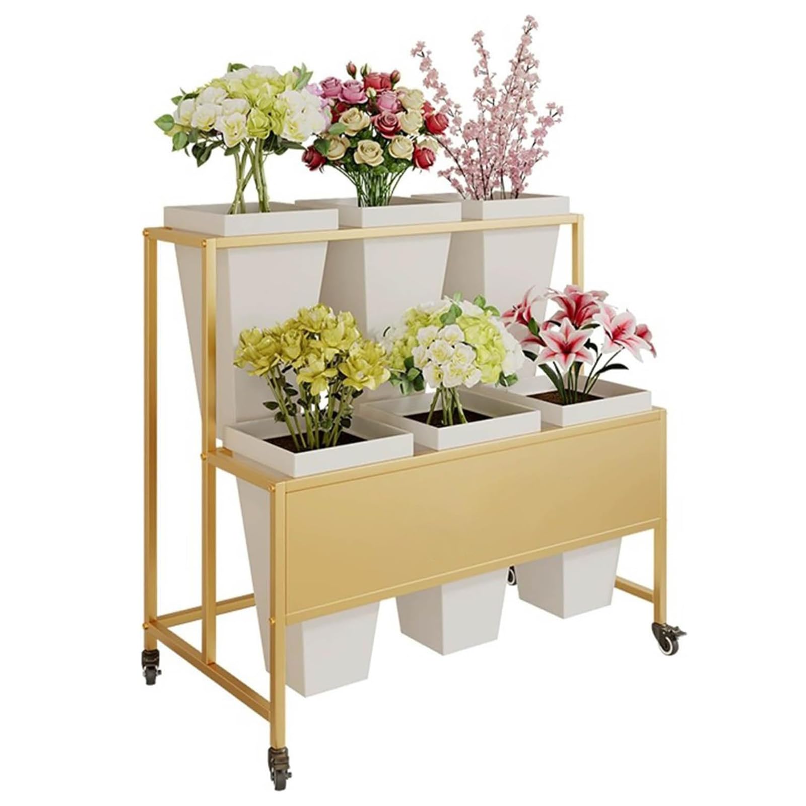 DFGHNBVC Florist Bouquet Display Stand With 6 Plastic Buckets, 2-Tier Metal Shelf On 4 Wheels For Flower Shops And Balconies,Gold