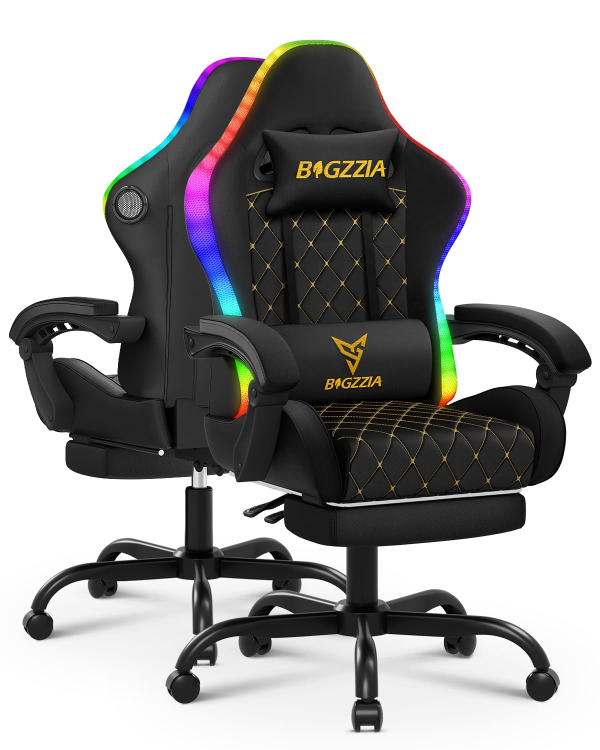 bigzzia Gaming Stuhl mit RGB Led - Ergonomischer Gaming Chair Mit LendenwirbelstüTze Und FußStüTze, Verstellbarer Und Drehbarer Gamer Sessel aus PU-Leder, 150 KG, Rot