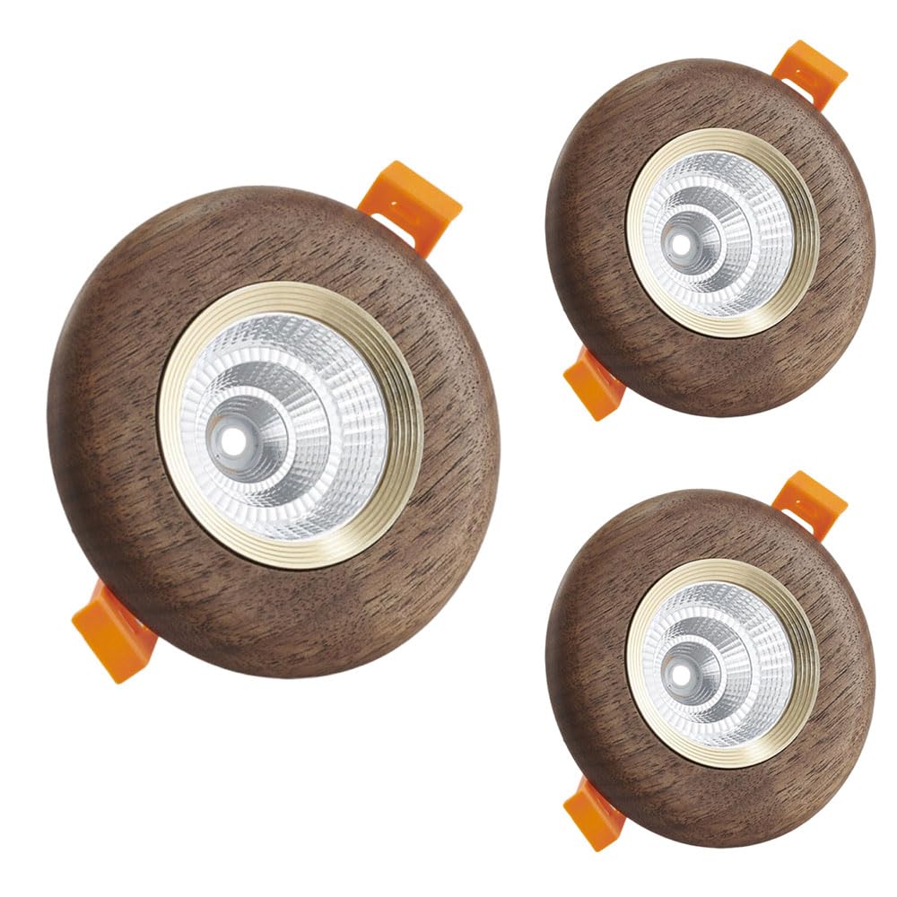JKJZSALJ 3 Pack 3.9 Inch Led Recessed Lighting,Wood Grain Style,7W Round Walnut Recessed Lights,4000K Neutral Light,Cri90,Led Ceiling Light With Walnut Baffle Trim,Gold
