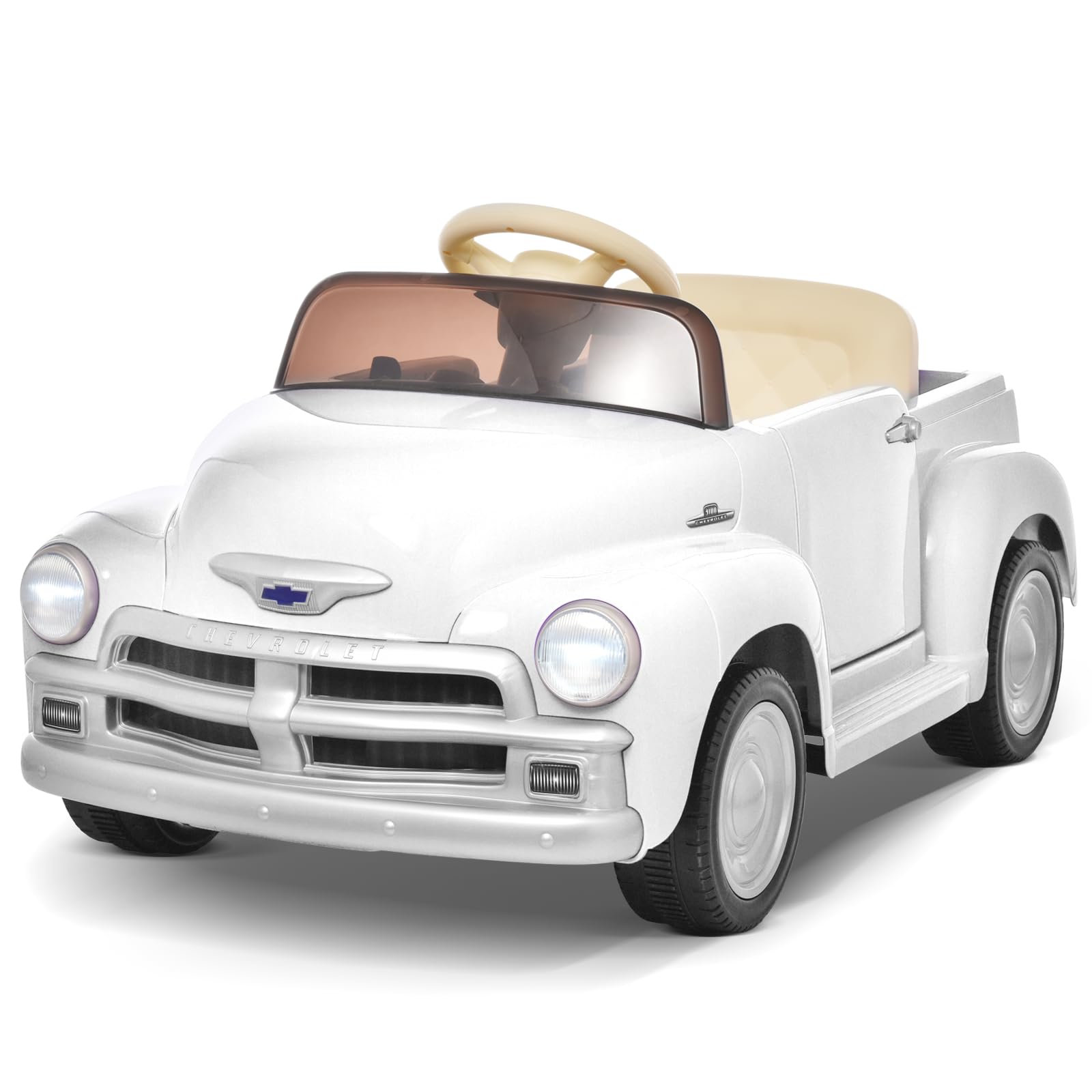 12V Kids Ride on Car Licensed Chevrolet 3100 Pickup Battery Powered Motorized Electric Car, with 7AH Big Battery, 2.4G Remote Control, 3-Speeds, Storage Space, Music, Retro Style, White