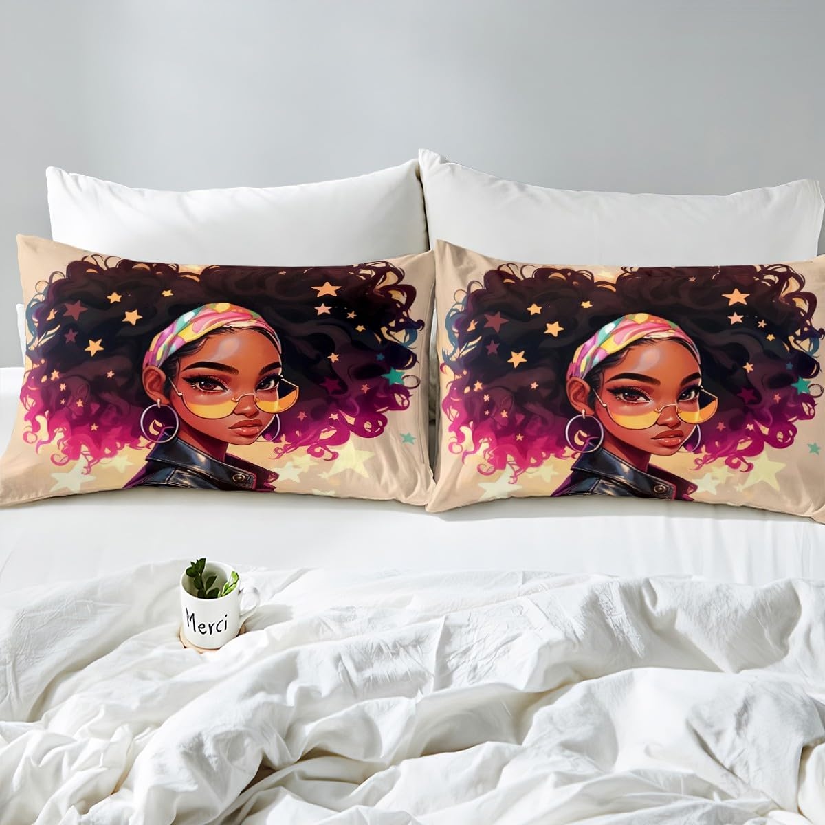 Fashion Lady Duvet Cover Set Toddler Size Black Style Girl Bedding Set 2pcs for Kids Teens Geometric Star Print Comforter Cover African American Women Quilt Cover,1 Pillowcase(Not Comforter)