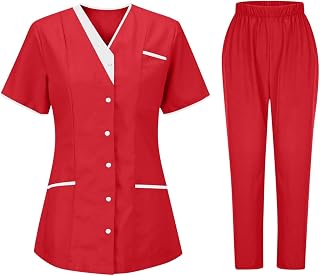 Scrubs for Women Set Loose Fit Button Down V Neck Tops and Elastic Waist Pants Nursing Uniform with Multi Pockets