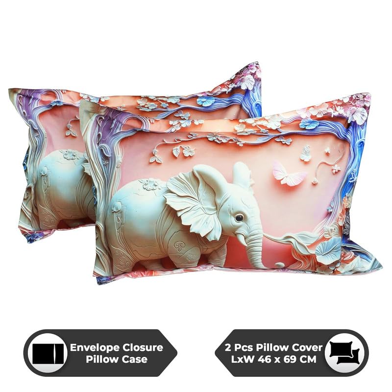 Image of Akshya Modern 7D Digital Printed Bedding Set - Glace Cotton Double Bed Sheet, 300 TC Fade-Resistant King Size Flat Sheet Pink Elephant