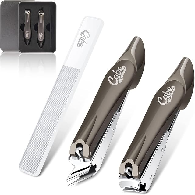 CGBE Nail Clippers with Catcher, Stainless Steel 3 Pcs Nail Cutter Set, Straight Nail Clippers, Slanted Nail Cutter & Nano Nail File for Thick Nails Ingrown Cuticle for Men Women Seniors