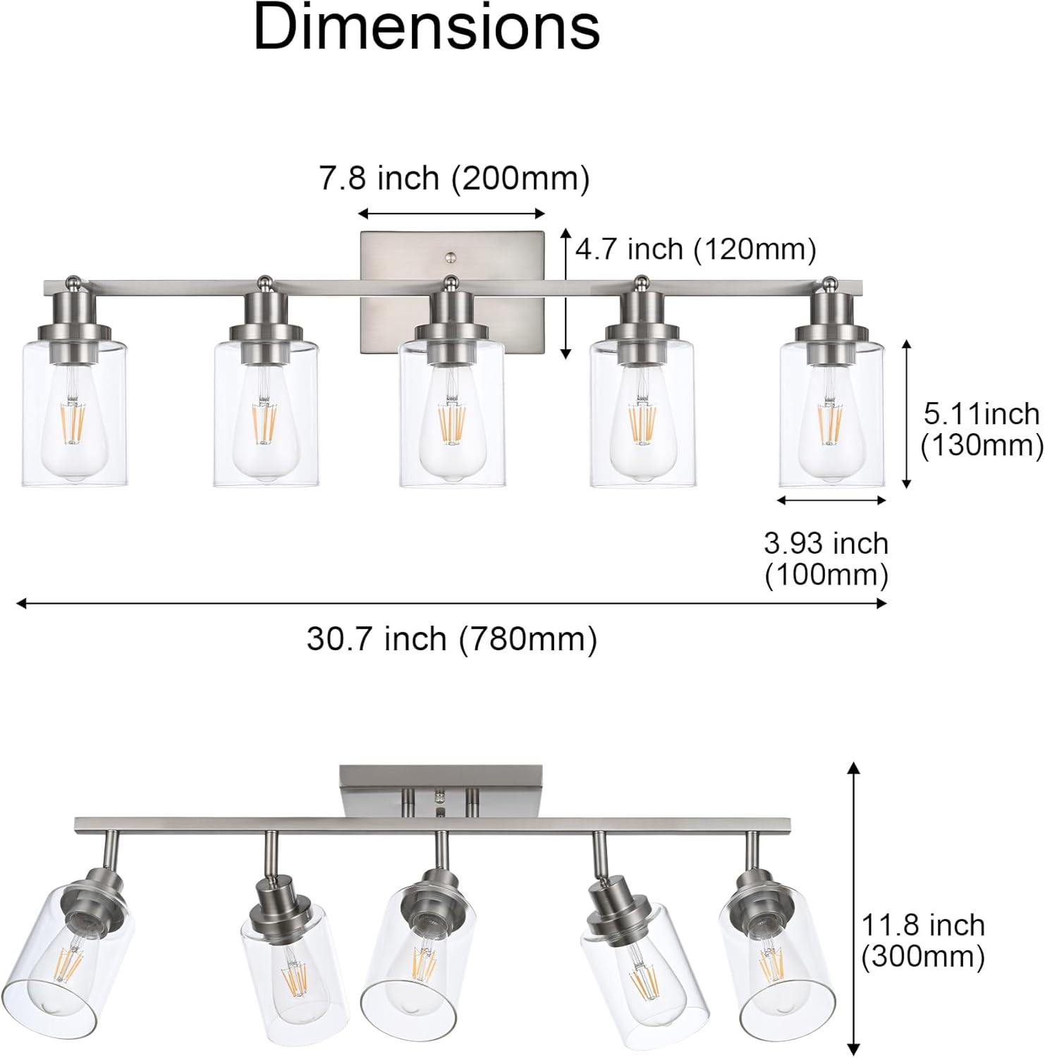 5 Light Multi-Directional Track Lighting Kit Brushed Nickel Kitchen Track Lighting Fixtures Ceiling Vanity Light Fixture with Clear Glass, Modern Rotatable E26 Spotlight for Kitchen Bathroom Hallway