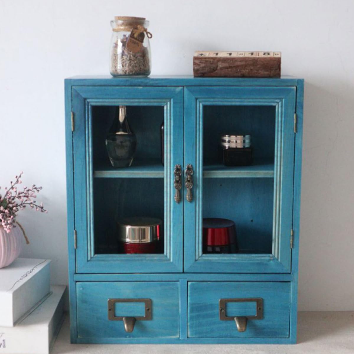 KICHOUSE Organizer in Legno a 2 Livelli per Gioielli e Cosmetici, Portaoggetti da Scrivania per Ufficio e Casa Stile Moderno