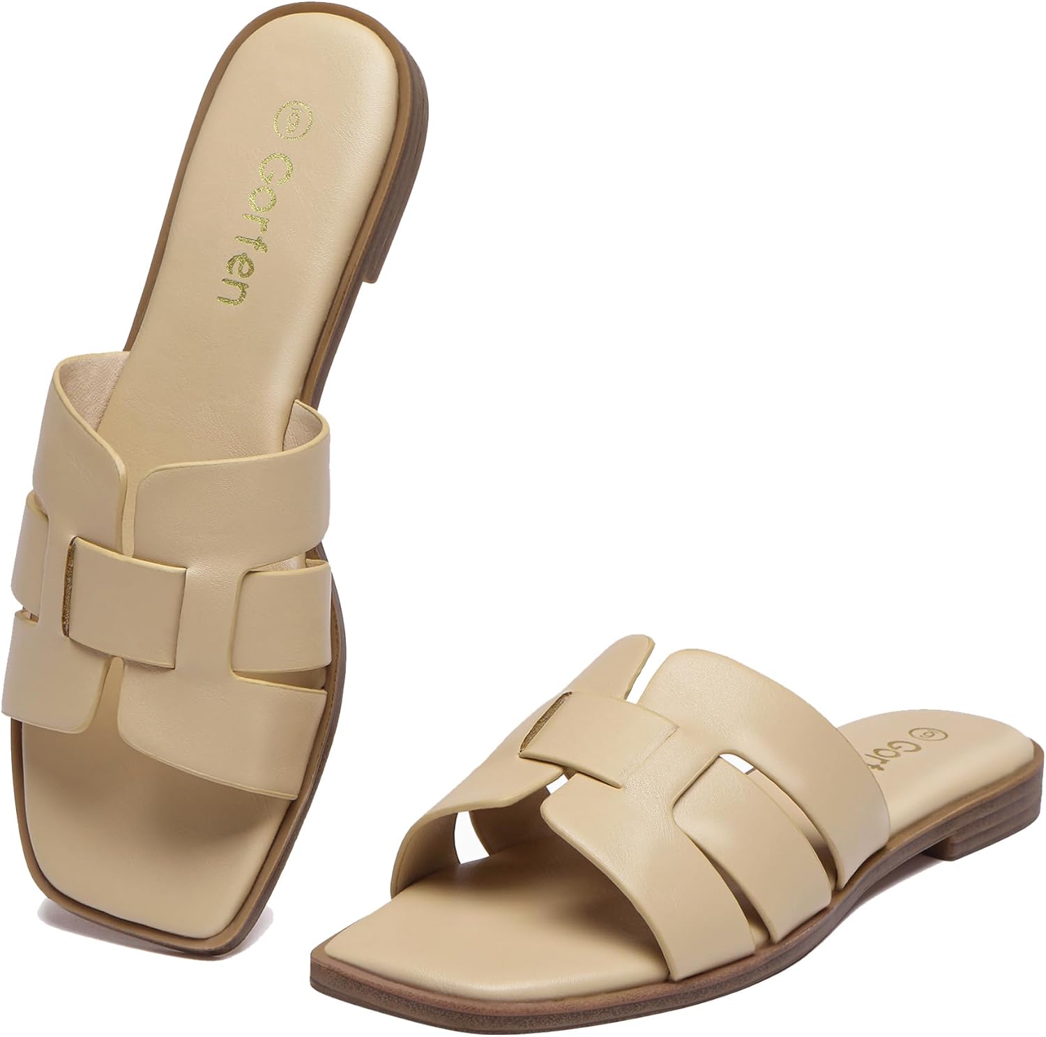 Women's Flat Sandals Dressy Comfortable Square Open Toe Slip On Leather Slide Sandals