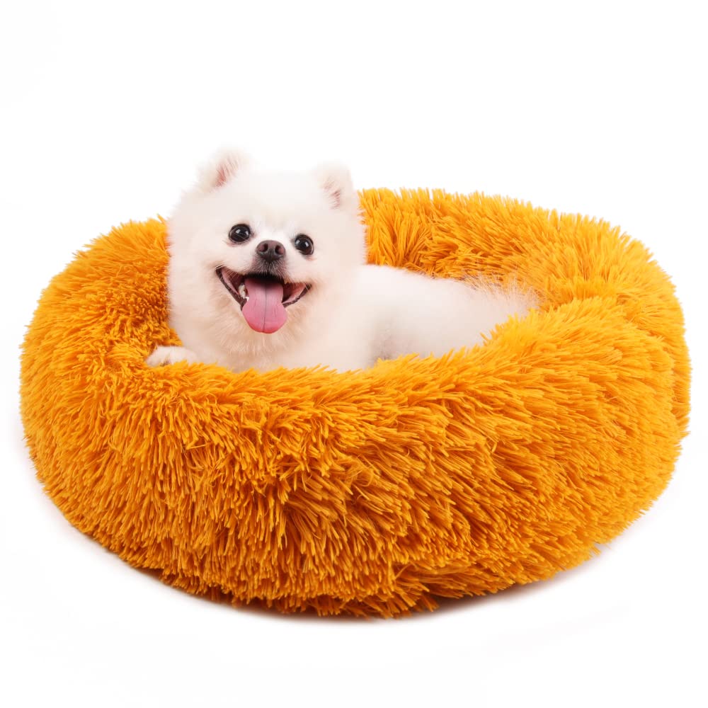 Lit apaisant pour chien et chat BaronHong 50cm lit rond fausse fourrure jaune doré