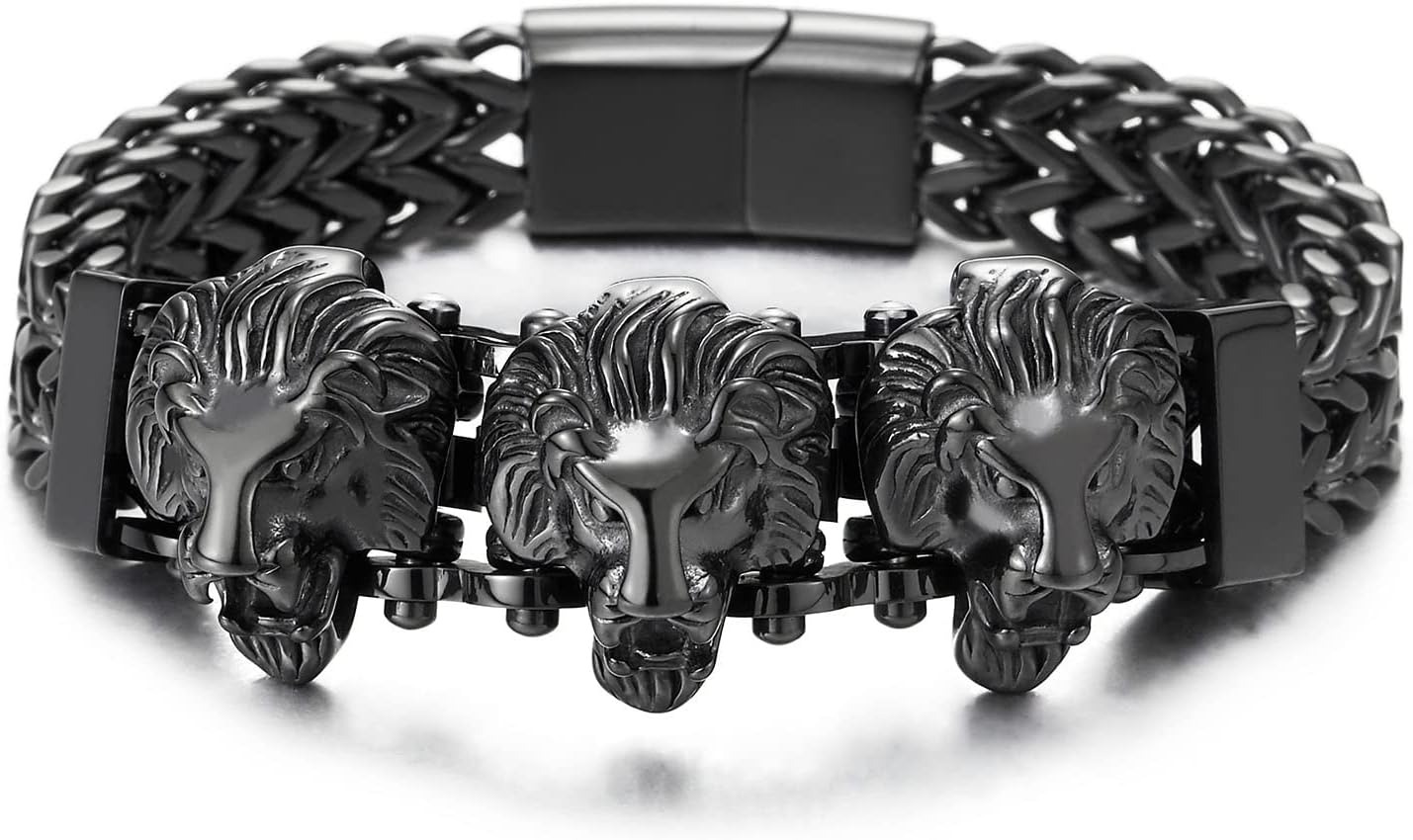 COOLSTEELANDBEYOND Steel Double Square Franco Link Bike Chain Three Lion Heads Bracelet, Magnetic Clasp