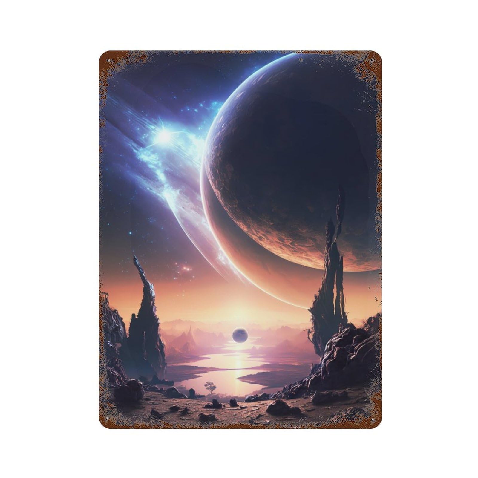 Overlap Planets Landscape Rusty Metal Tin Sign 15.7"x11.8", for Basement, Hobby Room And Garage Decor, Retro Wall Decor