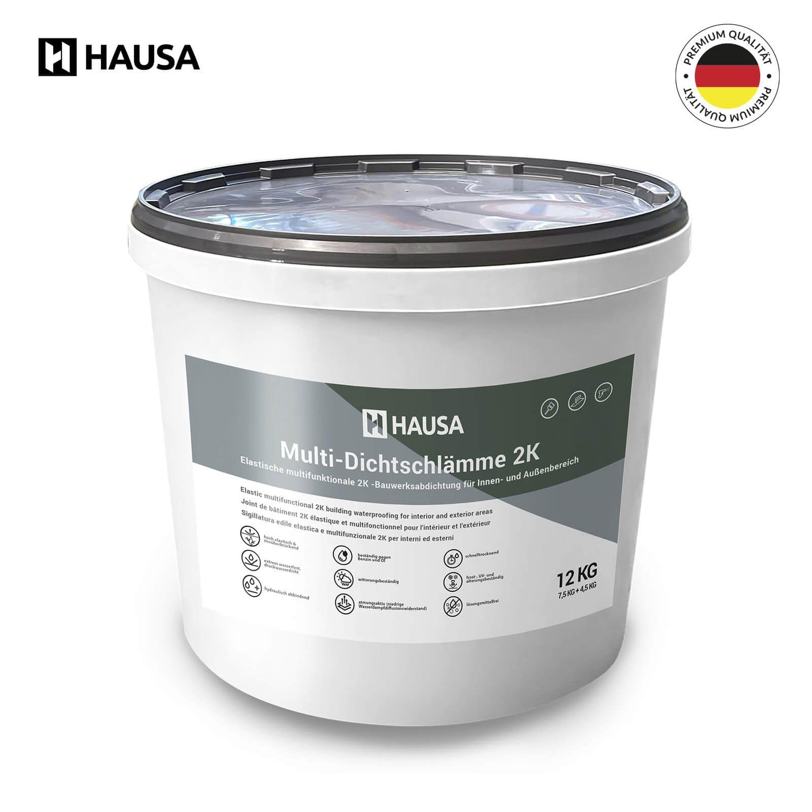HAUSA Multi-Dichtschlämme 2K 12kg elastische 2K Dichtmasse für Innen- und Außen, Abdichtung von Schwimmbad Pool Betonbecken Balkon Terrasse Bad Keller Dusche, druckwasserdicht lösungsmittelfrei
