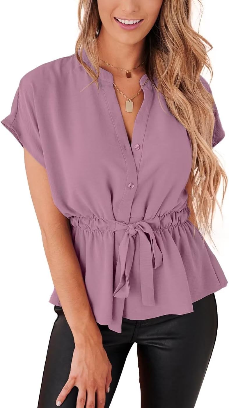 Womens Button Down Blouses Casual Peplum Summer Tops Dressy Chiffon Work Blouse