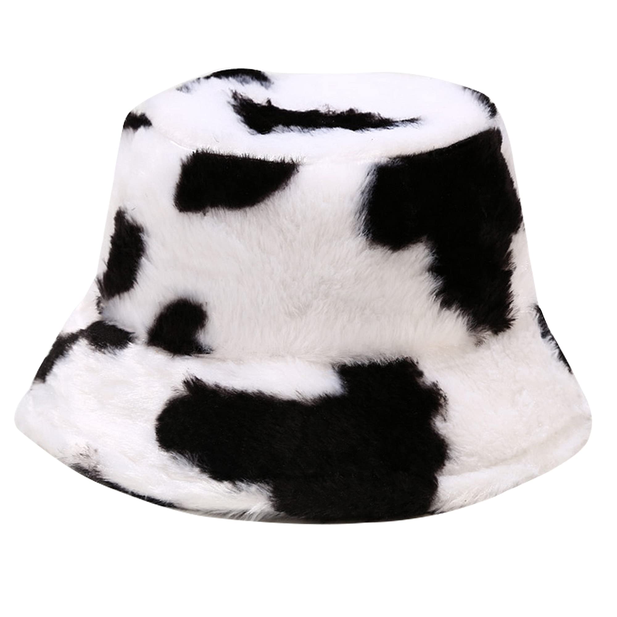 Umeepar Winter Faux Fur Bucket Hat Fluffy Warm Hat for Women Men - Cow Print