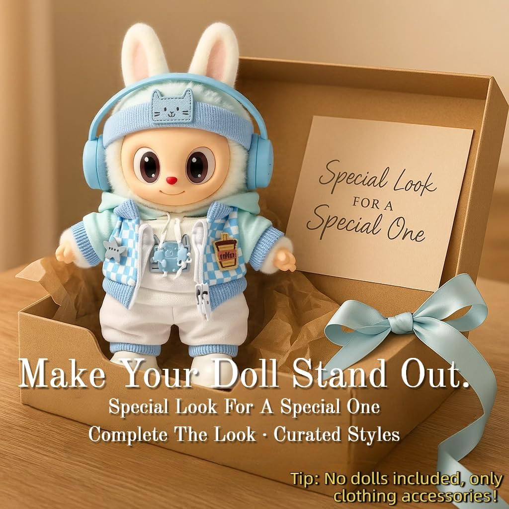 Blue Hoodie Outfit Set for 17cm / 6.69in Doll – Casual Streetwear Clothes with Headphones, Plaid Jacket, Pants and Shoes – (Doll Not Included)