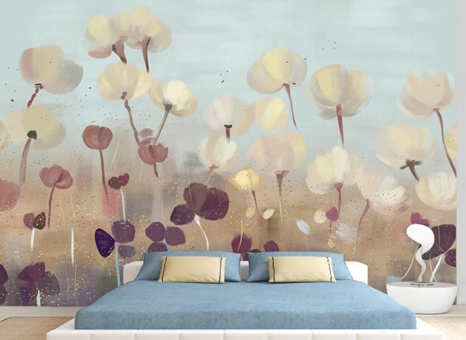 Papier peint abstrait 3D zen pour chambre adulte grand format fleurs blanches intissé 300x256