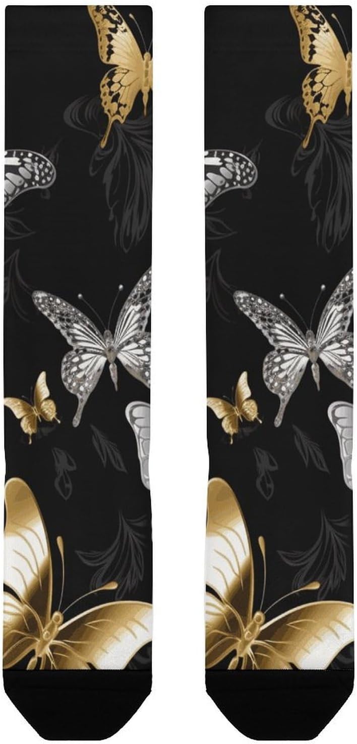 Gold White Butterflies Black Compression Socks for Women Men Comfort Over The Calf Socks Moisture Wicking Breathable Athletic Sock