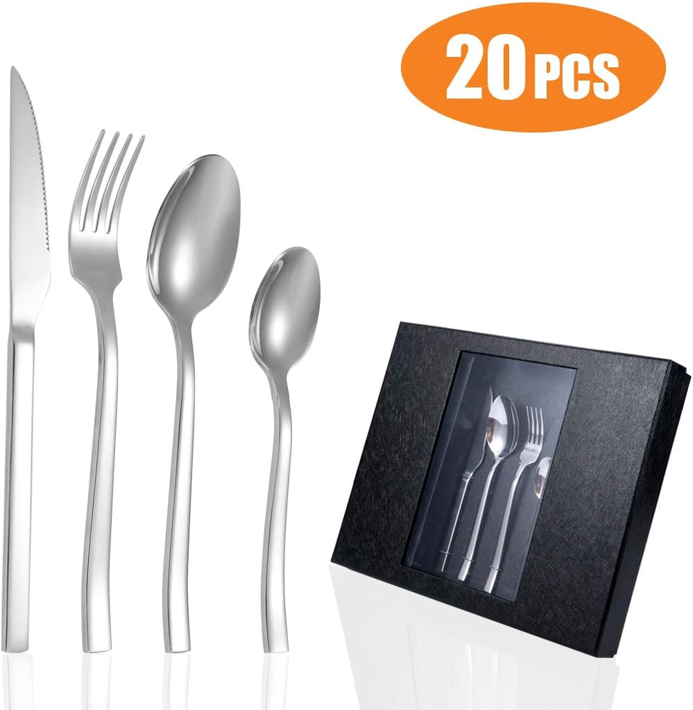 20-piece Silverware Flatware Cutlery Set,Durable Stainless Steel Utensils, Service for 5, Simple Lookand Modern Design,Mirror Polished , Include Knife/Fork/Spoon(sliver)