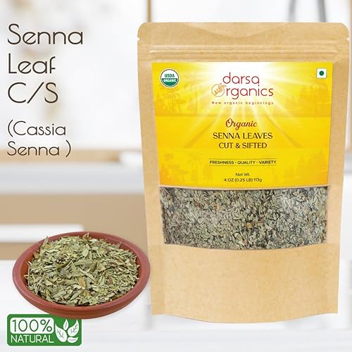 Miniatura 4 de Darsa Organics Hojas Senna cortadas y tamizadas 4 onzas  Certificado orgánico USDA de primera calidad Cassia Angustifolia, laxante natural que apoya