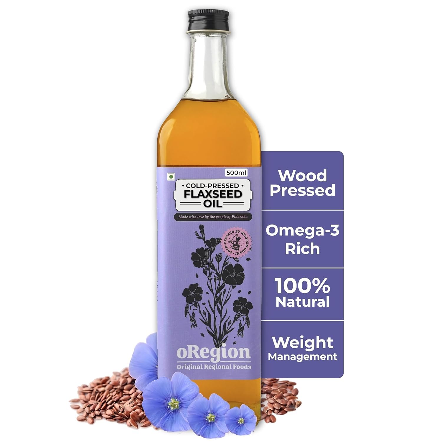 oRegion Cold Pressed Wood Pressed Flaxseed Oil (500 Ml)|Kachi Ghani Alsi Ka Tel, Omega-3 Rich, Pure, Organic And Unadulterated Multipurpose, Good For Gut, Heart, Hair, Skin